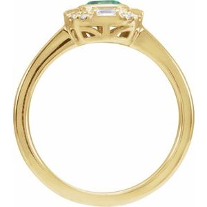 Natural emerald and diamond halo ring rear profile in 14K yellow gold
