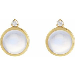 Natural Rainbow Moonstone and Diamond Bezel Stud Earrings pair view in 14K yellow gold