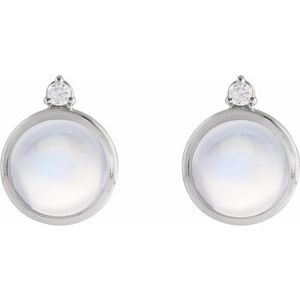 Natural Rainbow Moonstone and Diamond Bezel Stud Earrings pair view in 14K white gold