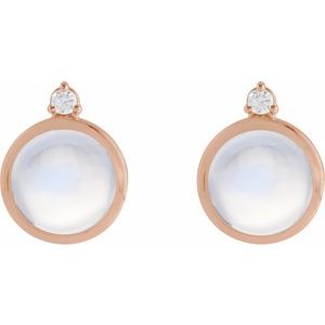 Natural Rainbow Moonstone and Diamond Bezel Stud Earrings pair view in 14K rose gold