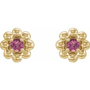 October Natural Pink Tourmaline Petite Flower Birthstone Stud Earrings pair view in 14K yellow gold