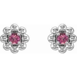 October Natural Pink Tourmaline Petite Flower Birthstone Stud Earrings pair view in 14K white gold