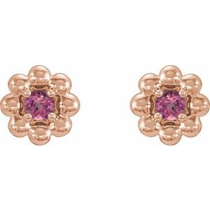 October Natural Pink Tourmaline Petite Flower Birthstone Stud Earrings pair view in 14K rose gold