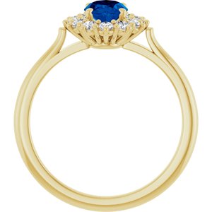 Oval lab-grown blue sapphire and diamond halo ring rear profile in 14K yellow gold