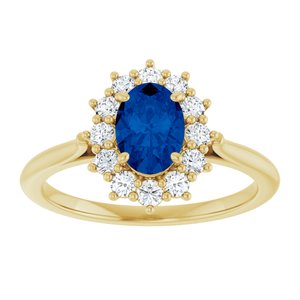 Oval lab-grown blue sapphire and diamond halo ring front view in 14K yellow gold