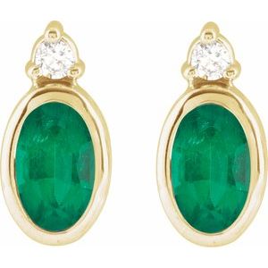14K yellow gold oval lab-grown emerald and diamond stud earrings front pair view