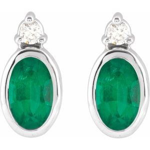 14K white gold oval lab-grown emerald and diamond stud earrings front pair view
