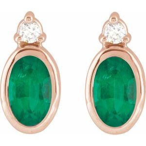 14K rose gold oval lab-grown emerald and diamond stud earrings front pair view
