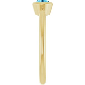 Oval Natural Aquamarine Bezel Solitaire Ring alternate design angle in 14K yellow gold