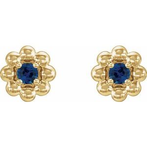 September Natural Blue Sapphire Petite Flower Birthstone Stud Earrings pair view in 14K yellow gold