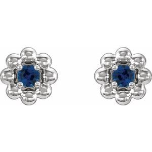 September Natural Blue Sapphire Petite Flower Birthstone Stud Earrings pair view in 14K white gold