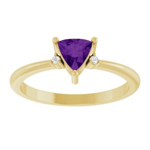 Trillion amethyst and diamond ring front view in 14K yellow gold