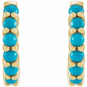 14K yellow gold natural turquoise cabochon huggie earrings front view