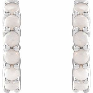 14K white gold natural white opal cabochon huggie earrings front view