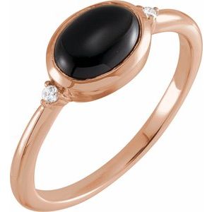 Rose Gold 9 x 7 mm Natural Black Onyx and Diamond Bezel-Set Cabochon Ring