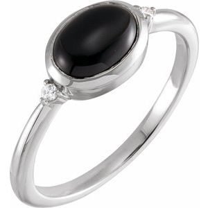White Gold 9 x 7 mm Natural Black Onyx and Diamond Bezel-Set Cabochon Ring