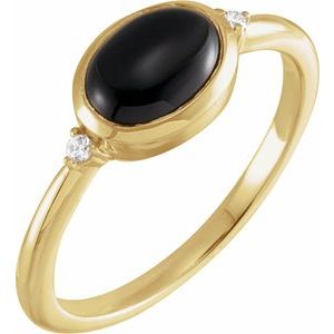 Yellow Gold 9 x 7 mm Natural Black Onyx and Diamond Bezel-Set Cabochon Ring