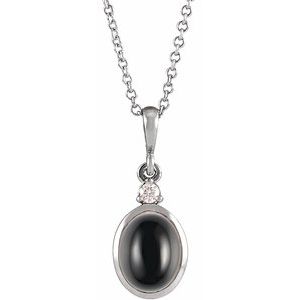 White Gold Natural Black Onyx and Diamond Cabochon Necklace