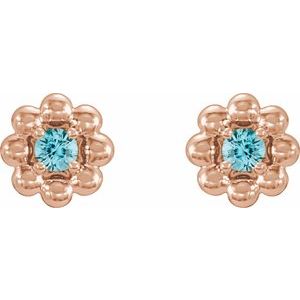 December natural blue zircon petite flower birthstone stud earrings in 14K rose gold, alternate pair view