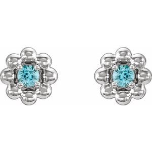 December natural blue zircon petite flower birthstone stud earrings in 14K white gold, alternate pair view