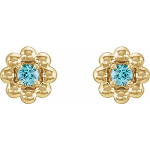 December natural blue zircon petite flower birthstone stud earrings in 14K yellow gold, alternate pair view