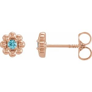 Rose Gold December Natural Blue Zircon Petite Flower Birthstone Stud Earrings