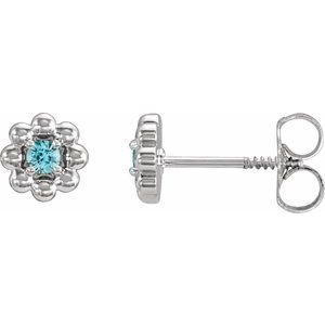 White Gold December Natural Blue Zircon Petite Flower Birthstone Stud Earrings