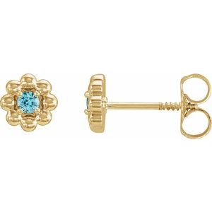 Yellow Gold December Natural Blue Zircon Petite Flower Birthstone Stud Earrings