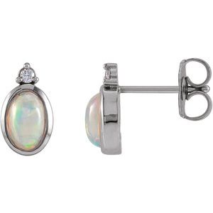 White Gold Natural Ethiopian Opal and Diamond Bezel Stud Earrings