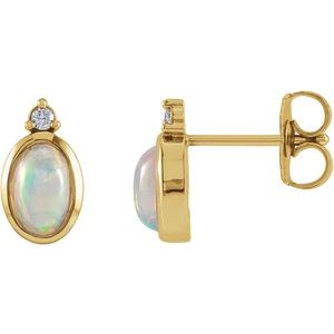Yellow Gold Natural Ethiopian Opal and Diamond Bezel Stud Earrings