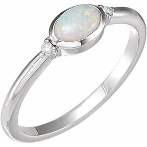 White Gold Natural Ethiopian Opal and Diamond Bezel-Set Cabochon Ring