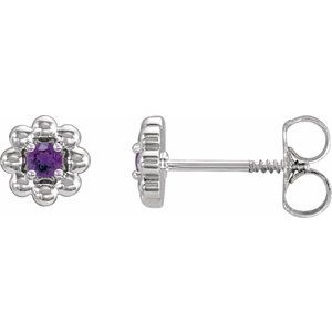 White Gold February Natural Amethyst Petite Flower Birthstone Stud Earrings