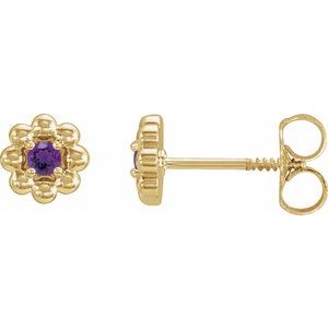 Yellow Gold February Natural Amethyst Petite Flower Birthstone Stud Earrings