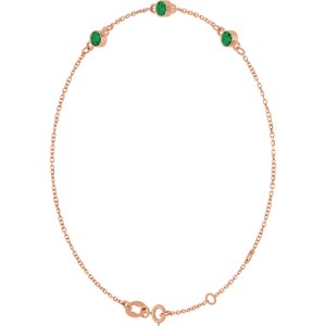 Lab-grown emerald bezel-set three-stone bracelet in 14K rose gold, alternate view one