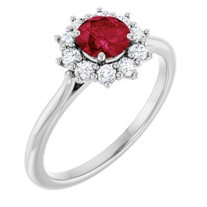 White Gold Lab-Grown Ruby and Diamond Halo Ring