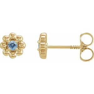 Yellow Gold March Natural Aquamarine Petite Flower Birthstone Stud Earrings