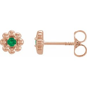 Rose Gold May Natural Emerald Petite Flower Birthstone Stud Earrings