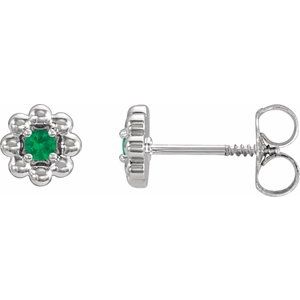White Gold May Natural Emerald Petite Flower Birthstone Stud Earrings