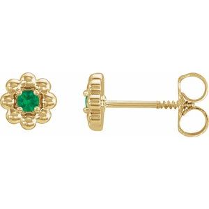 Yellow Gold May Natural Emerald Petite Flower Birthstone Stud Earrings