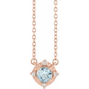 Rose Gold Natural Aquamarine and Diamond Halo Necklace