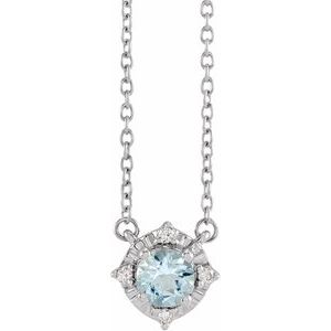 White Gold Natural Aquamarine and Diamond Halo Necklace