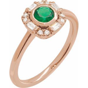 Rose Gold Natural Emerald and Diamond Halo Ring
