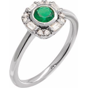 White Gold Natural Emerald and Diamond Halo Ring