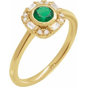 Yellow Gold Natural Emerald and Diamond Halo Ring