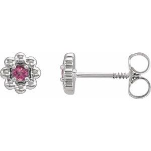 White Gold October Natural Pink Tourmaline Petite Flower Birthstone Stud Earrings
