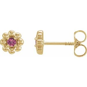 Yellow Gold October Natural Pink Tourmaline Petite Flower Birthstone Stud Earrings