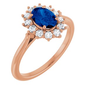 Rose Gold Oval Lab-Grown Blue Sapphire and Diamond Halo Ring