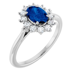 White Gold Oval Lab-Grown Blue Sapphire and Diamond Halo Ring