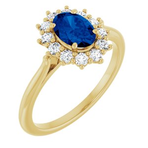 Yellow Gold Oval Lab-Grown Blue Sapphire and Diamond Halo Ring
