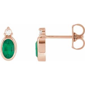 Rose Gold Oval Lab-Grown Emerald and Diamond Stud Earrings